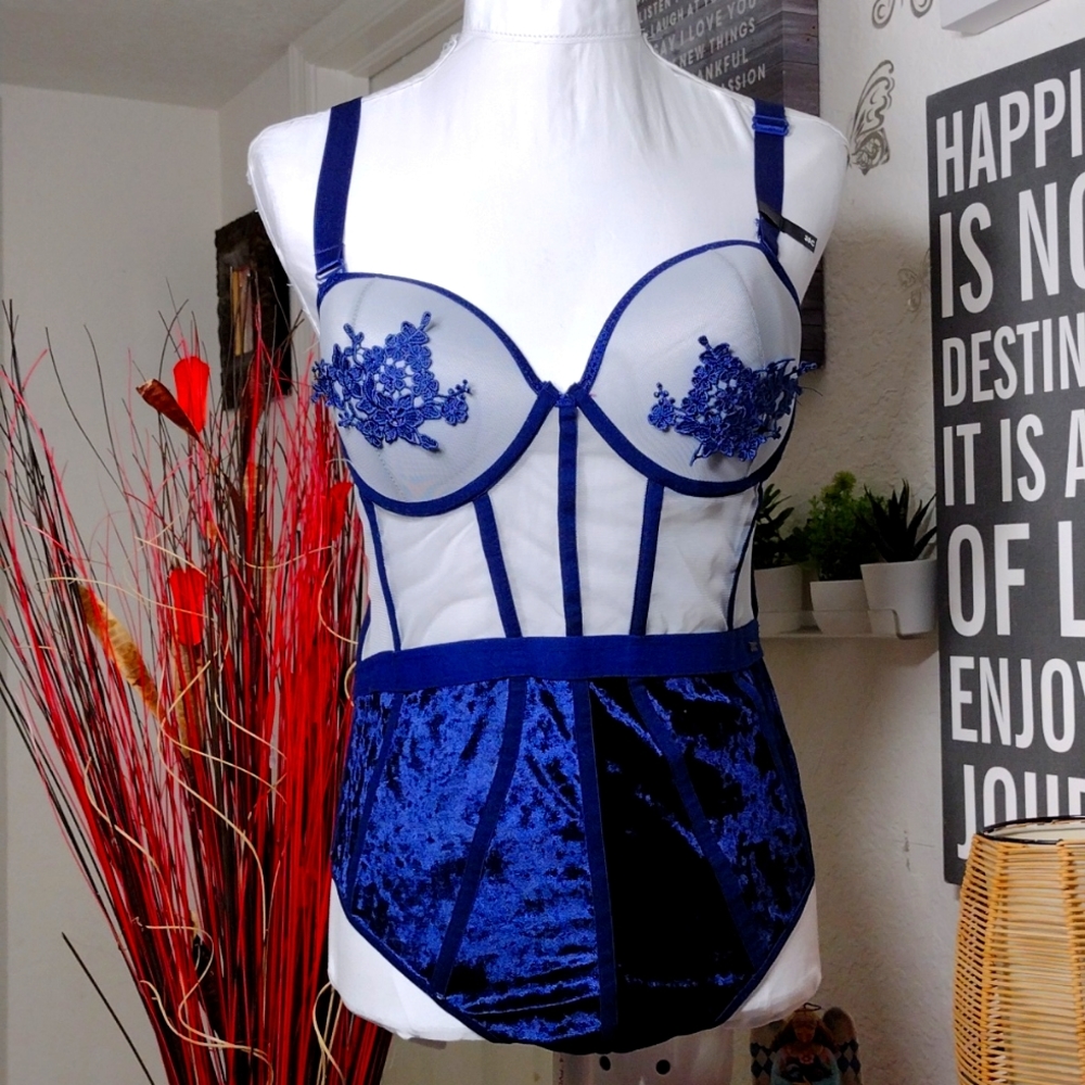 Tahari Intimates Corset Velvet Chiffon Bodysuit Dark Blue Plus Size 38 C